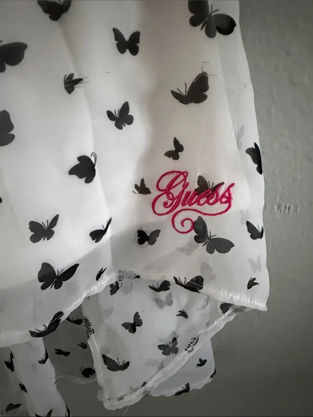 Guess White Butterfly High-Low Dress with Pink Trim